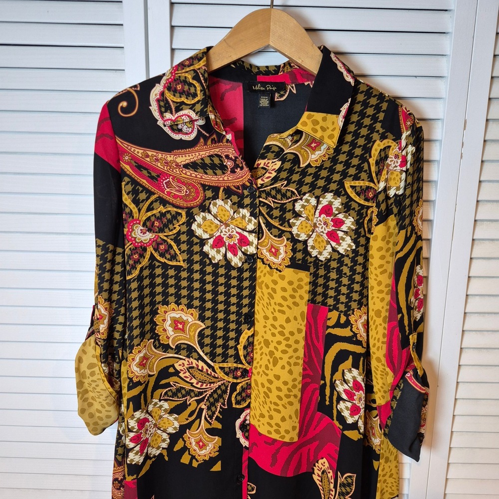 Melissa Paige Patchwork Print Tunic Top Black Red‎ Yellow Roll Tab Sleeve M/L - Picture 2 of 12